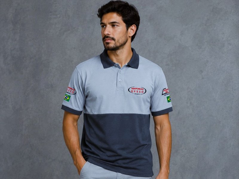 Camisa polo operacional em dois tons com logo bordado e bandeiras nas mangas