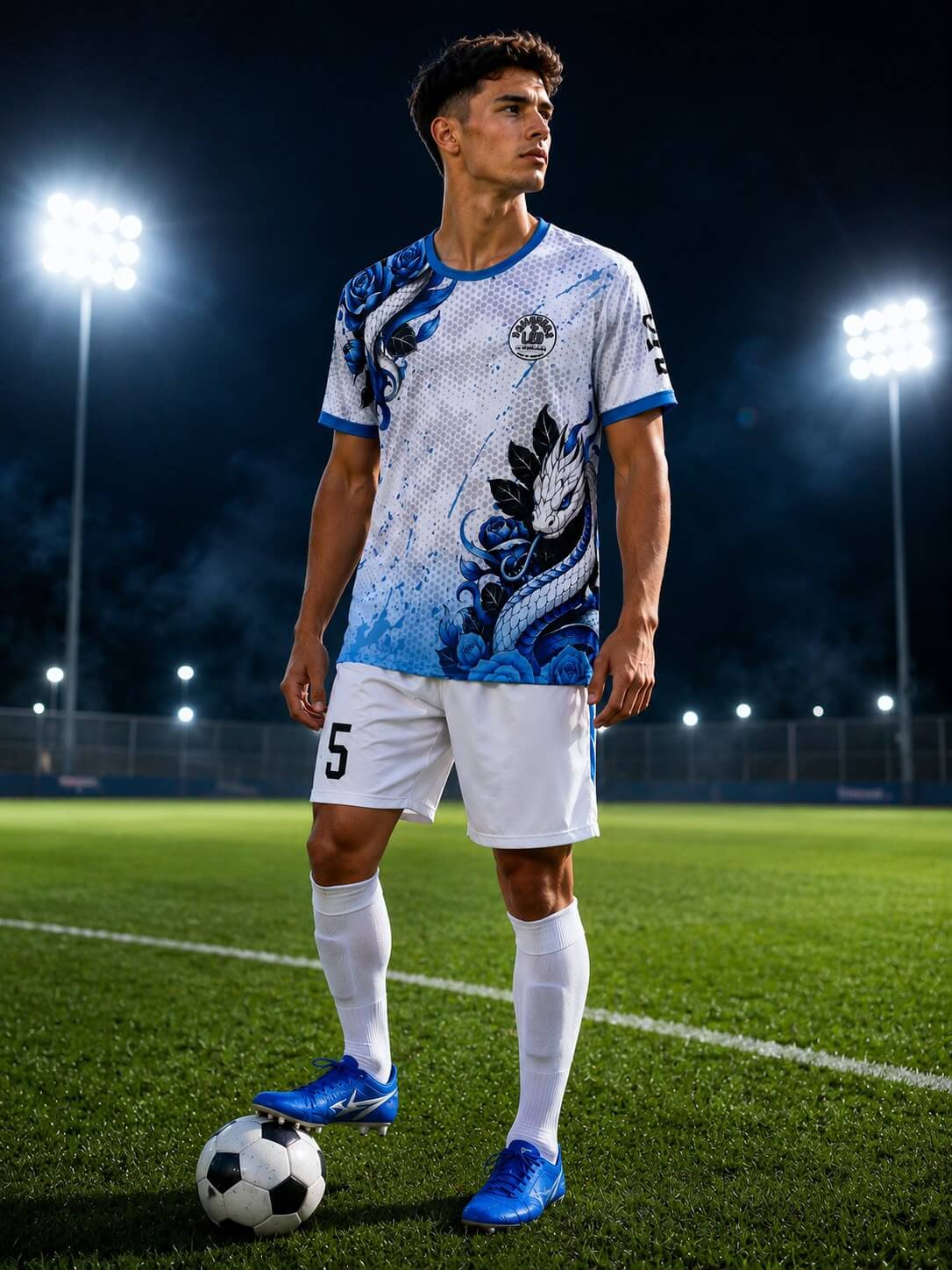 Jogador com camisa de futebol branca e azul sublimada, calção branco e número 5