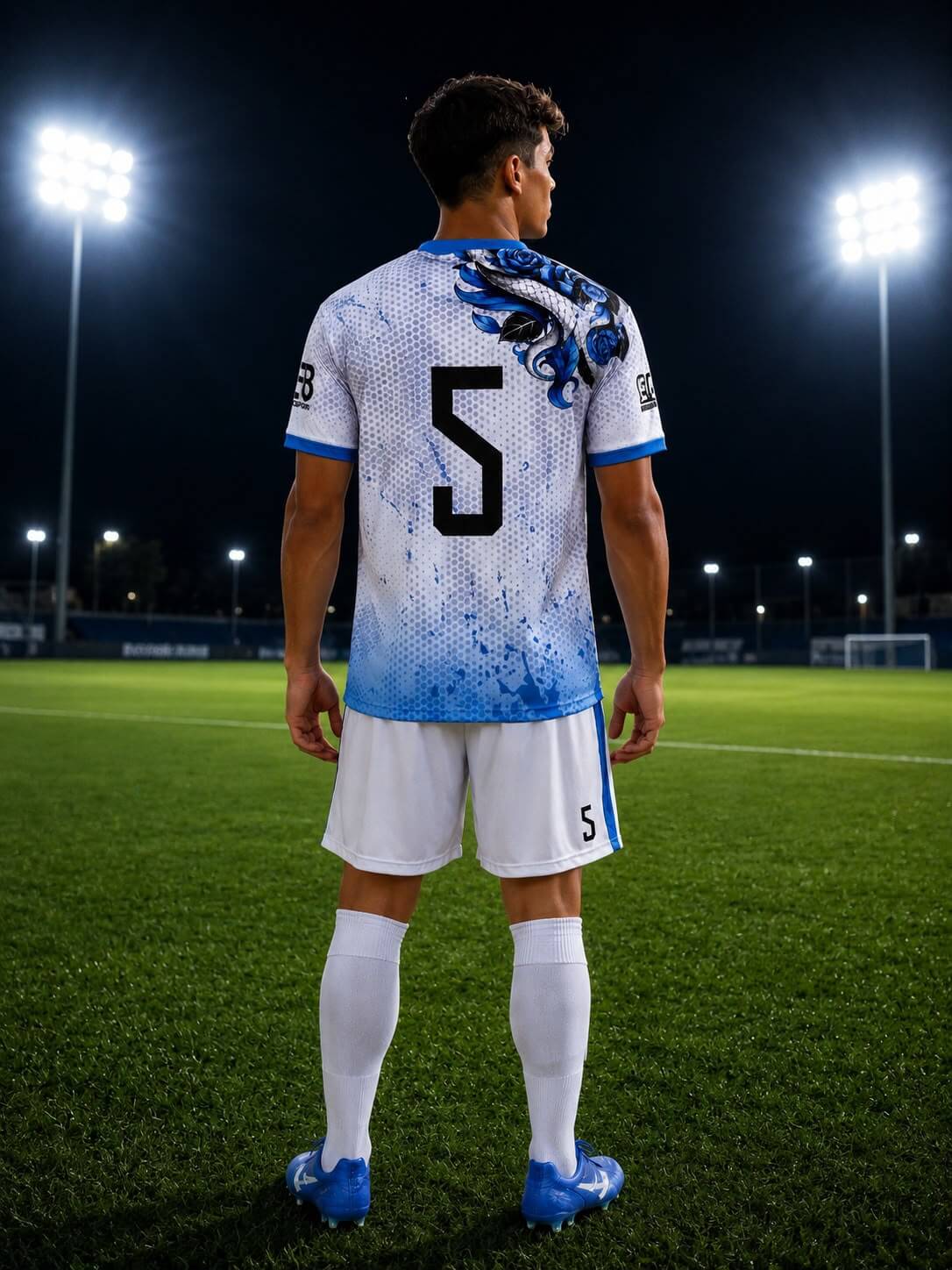 Costas da mesma camisa de futebol, com número 5 em destaque e logos de patrocinador nas mangas