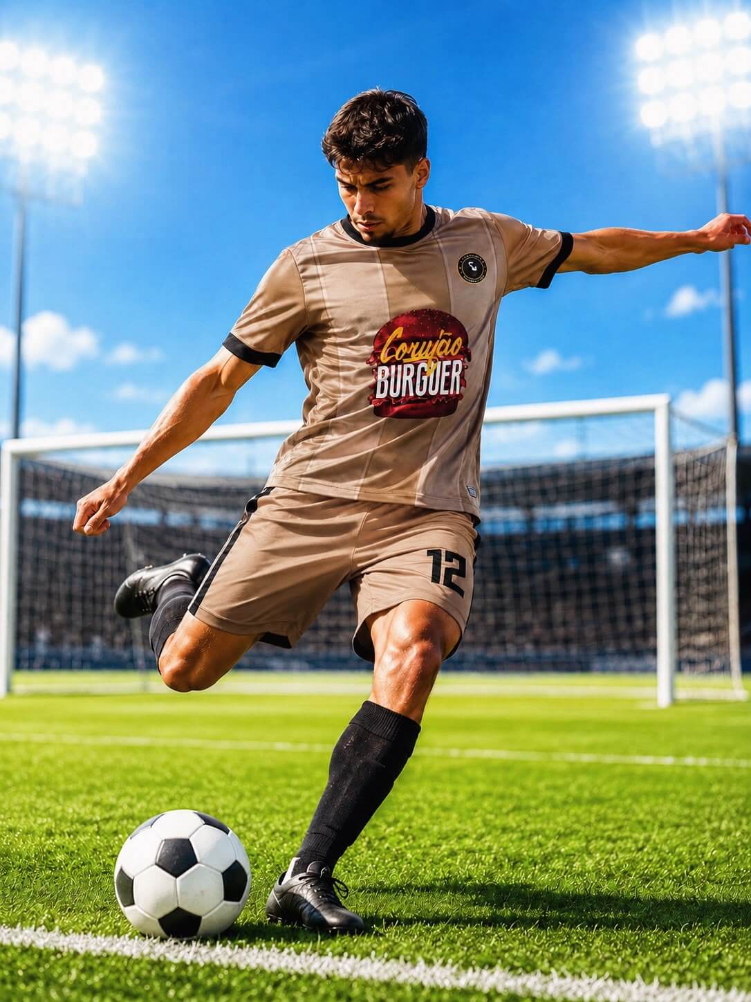 Jogador chutando a bola com kit de futebol bege e preto personalizado com o logo do patrocinador no peito